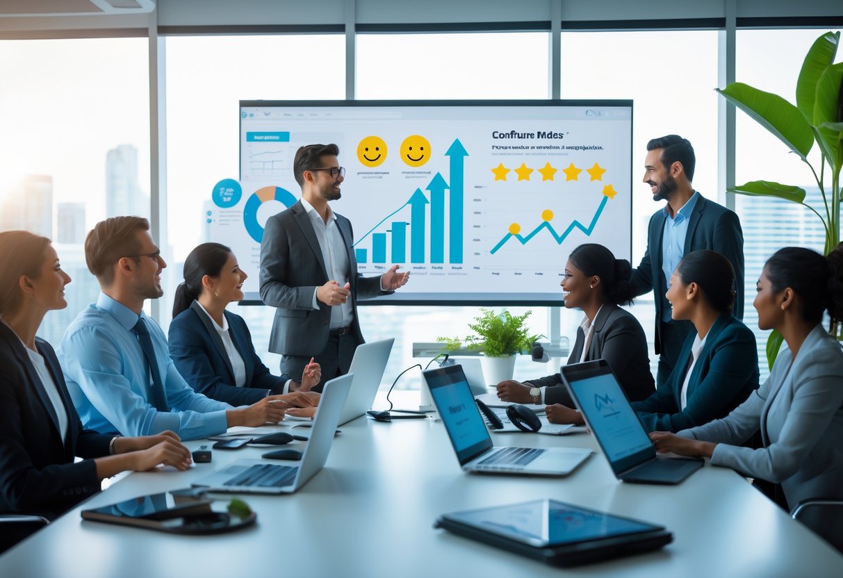 A group of business professionals collaborating around a conference table with laptops and charts, discussing data and customer feedback in a bright office.