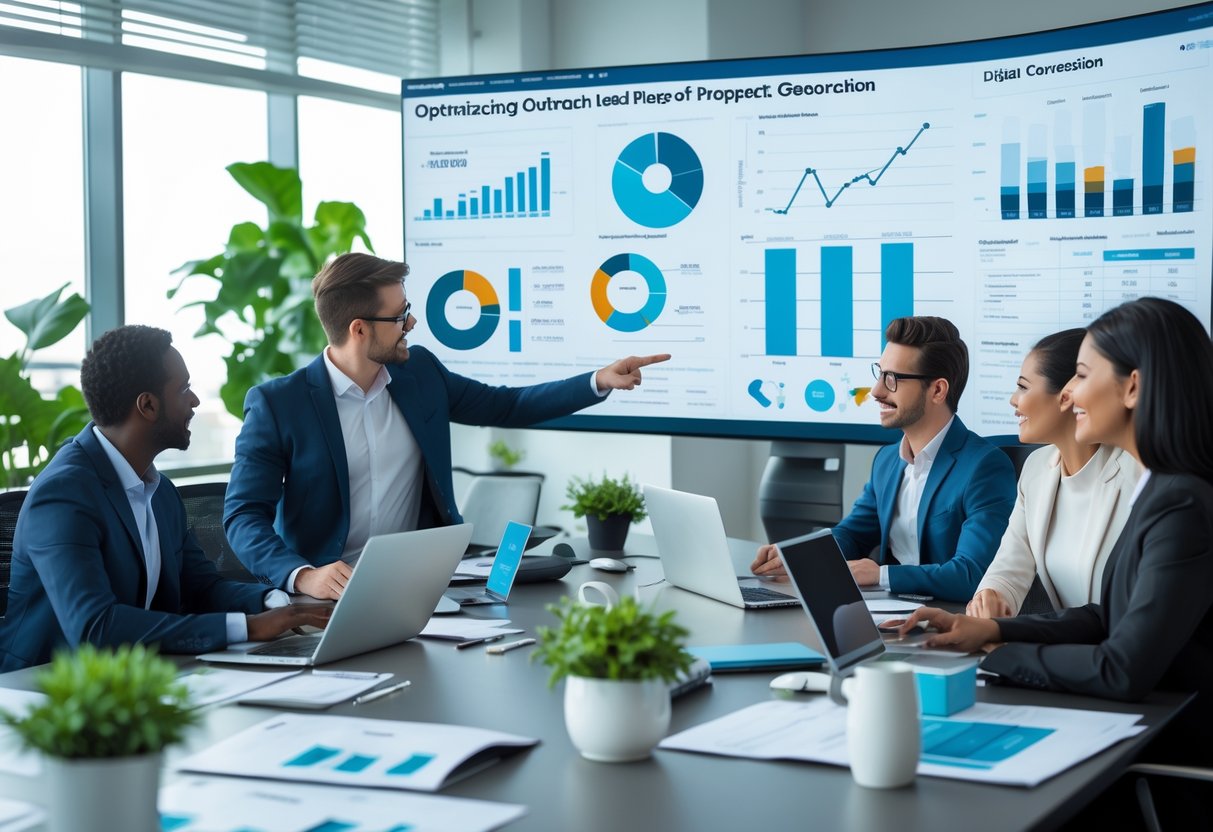 A diverse group of business professionals collaborating around a table with laptops and digital charts in a bright office.