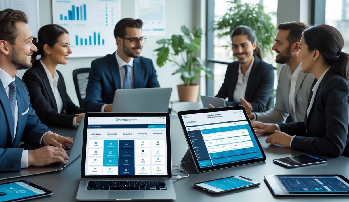 Business professionals collaborating around a table with laptops and smartphones showing sales-related digital interfaces in a bright office.