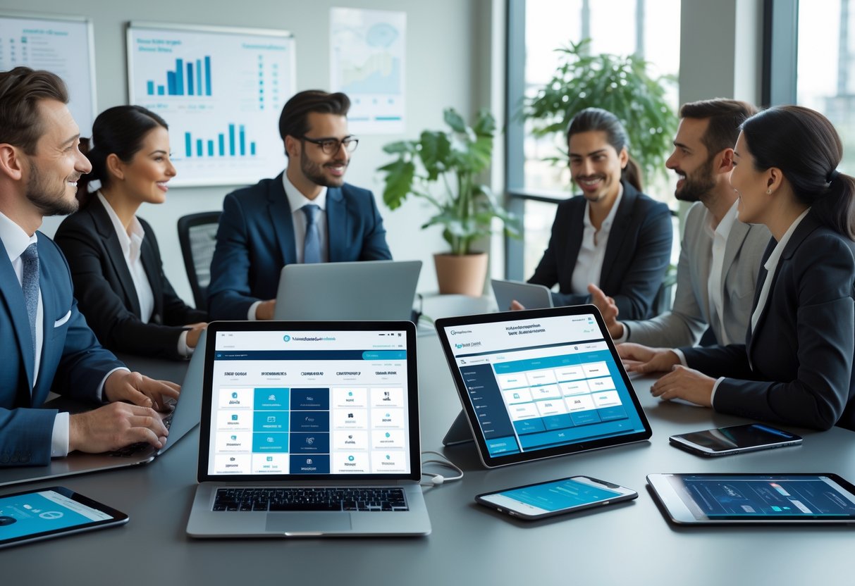 Business professionals collaborating around a table with laptops and smartphones showing sales-related digital interfaces in a bright office.