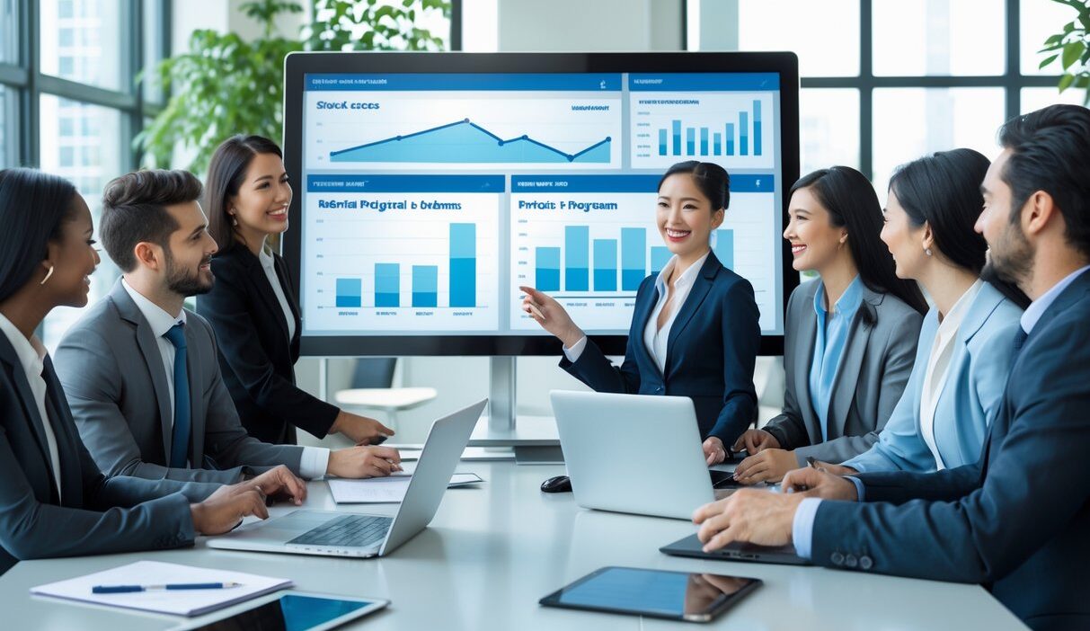 A group of business professionals collaborating around a conference table with a digital referral dashboard displayed on a large screen in a modern office.