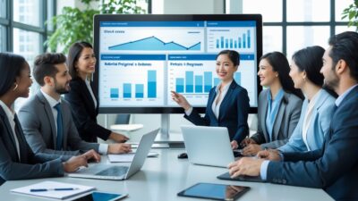 A group of business professionals collaborating around a conference table with a digital referral dashboard displayed on a large screen in a modern office.