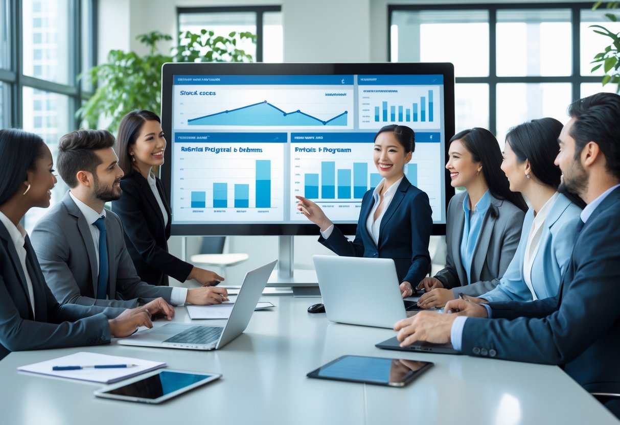 A group of business professionals collaborating around a conference table with a digital referral dashboard displayed on a large screen in a modern office.