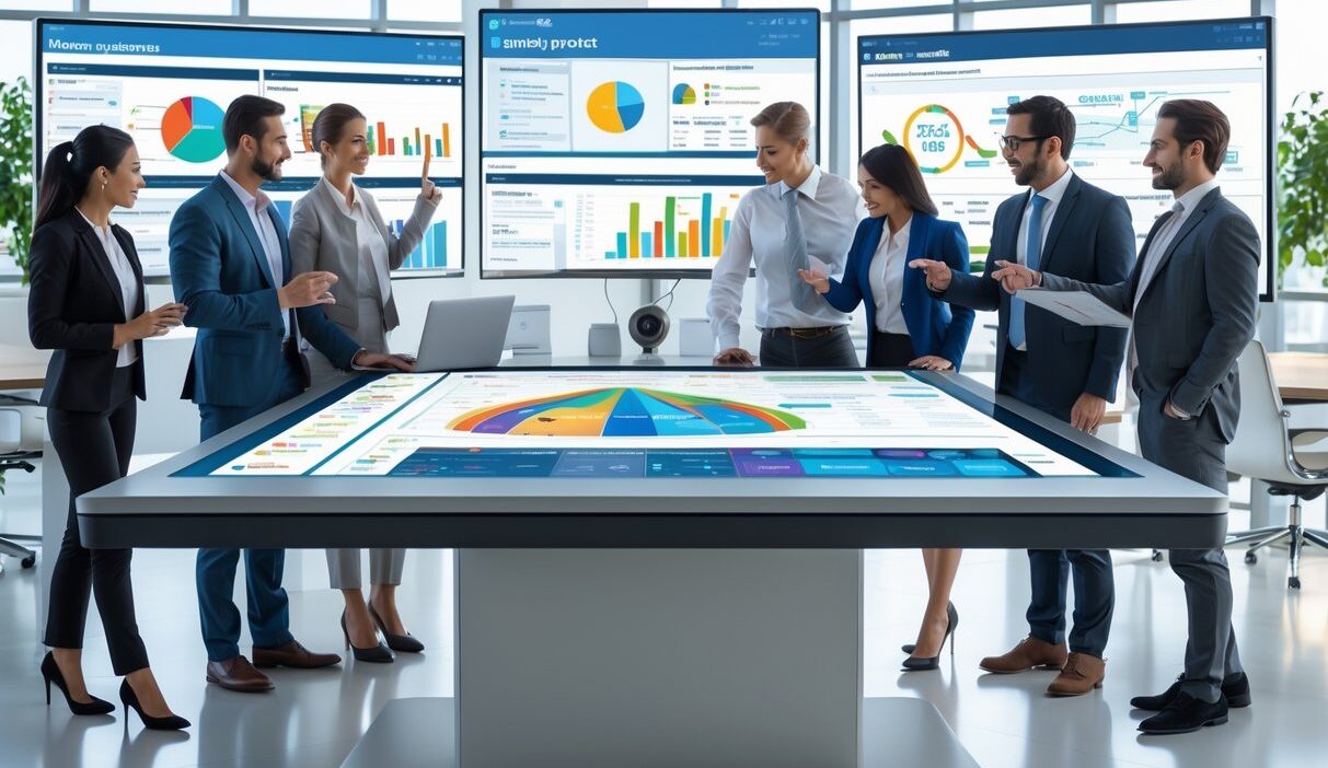 Business professionals collaborating around a digital table displaying customer data charts and graphs in a modern office.