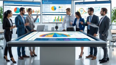 Business professionals collaborating around a digital table displaying customer data charts and graphs in a modern office.