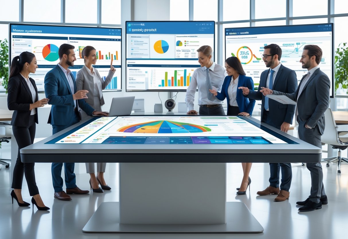 Business professionals collaborating around a digital table displaying customer data charts and graphs in a modern office.