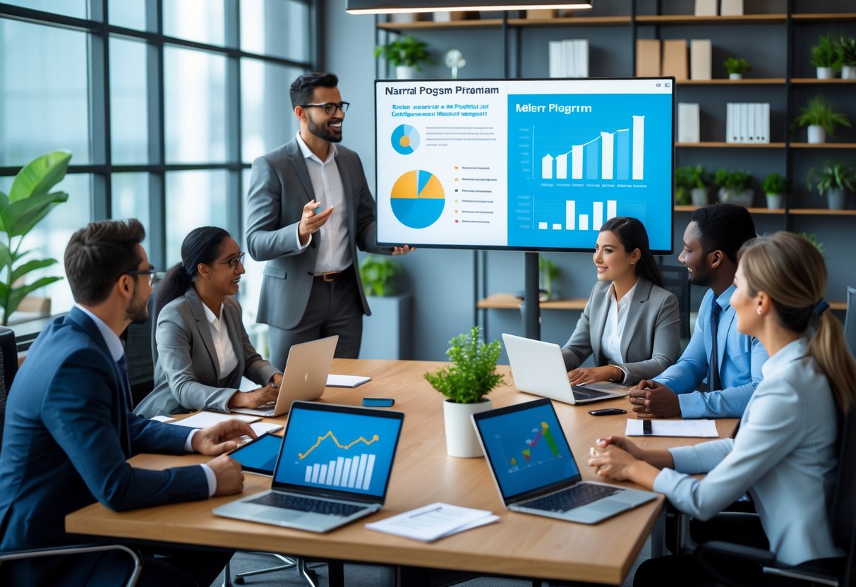 A group of business professionals collaborating around a conference table with digital devices and charts in a modern office setting.