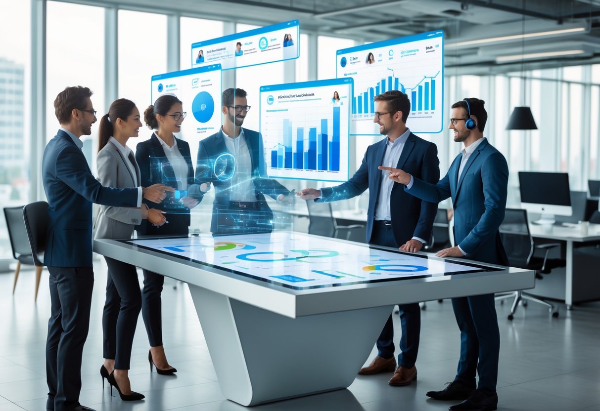 A diverse group of business professionals collaborating around a digital touchscreen table displaying sales data and customer information in a modern office.