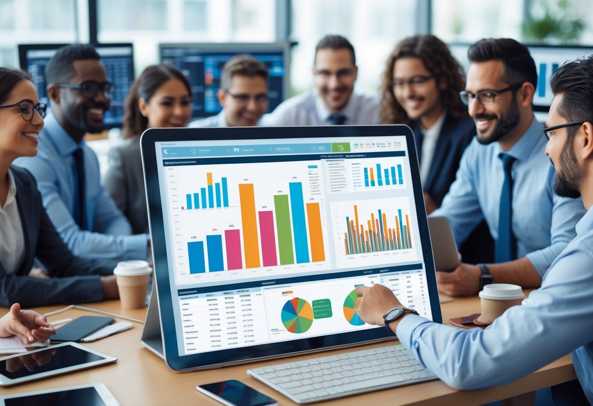 A group of business professionals working together around a digital touchscreen table displaying customer data and charts in a modern office.
