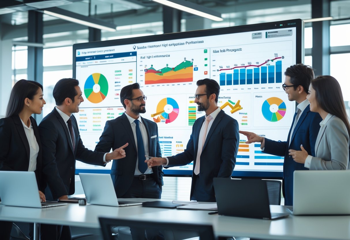 Business professionals collaborating around a digital display showing sales charts and pipeline progress in a modern office.