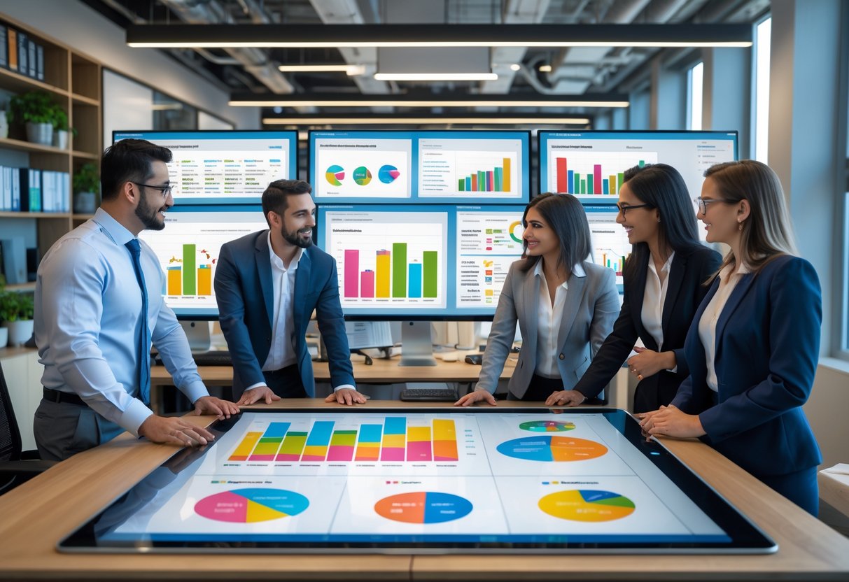 A group of business professionals collaborating around a digital touchscreen table displaying customer data and charts in a modern office.