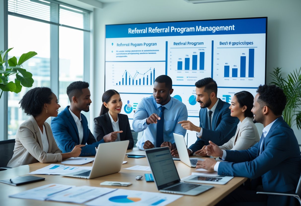 A group of business professionals collaborating around a conference table with laptops and charts in a bright office.