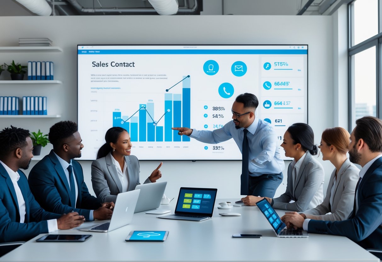 Business professionals collaborating around a table with digital devices displaying sales data and a large screen showing a sales contact platform interface.