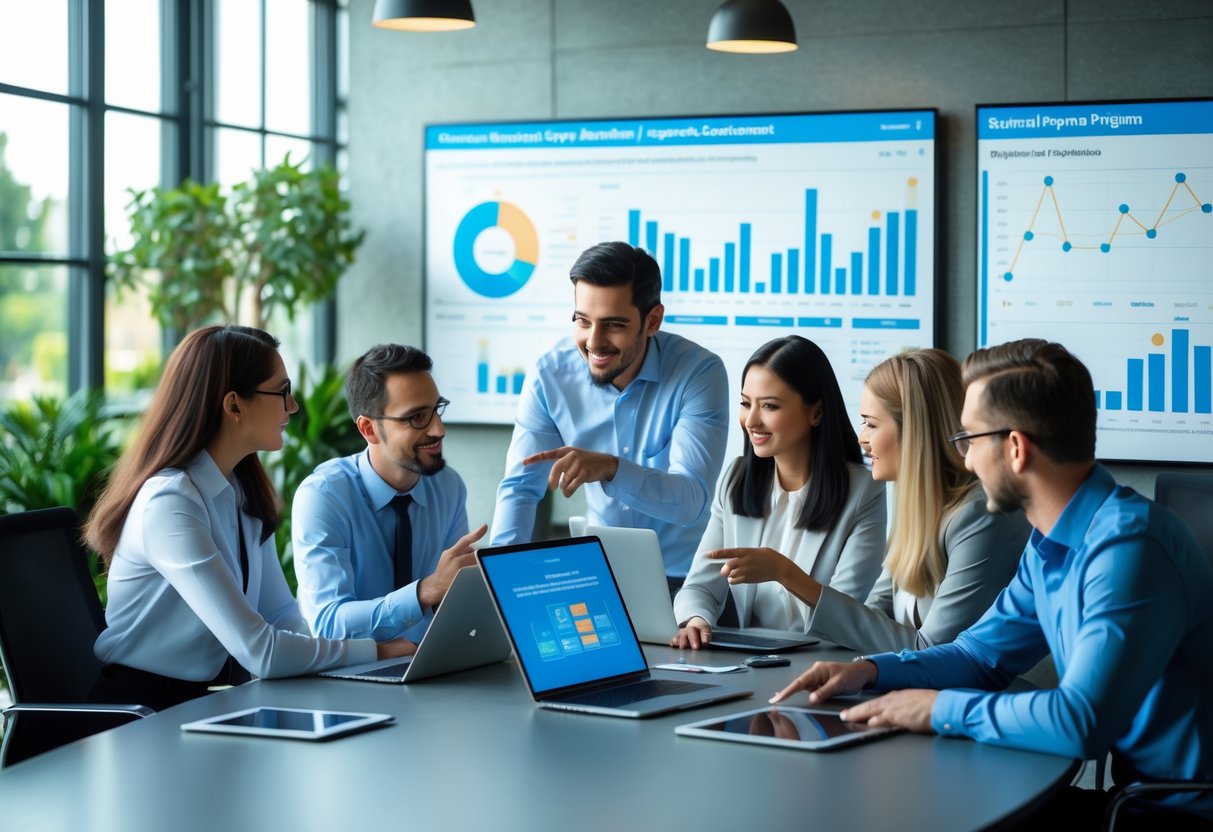 A team of customer support representatives collaborating around a conference table with laptops and digital dashboards showing referral program data.