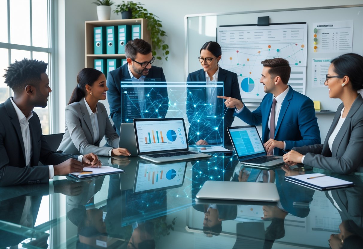 Business professionals collaborating around a table with digital devices displaying data and charts in a modern office.