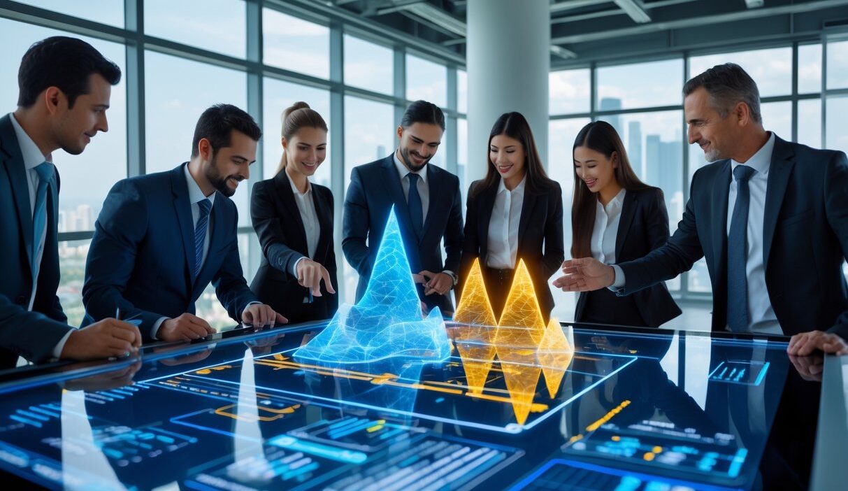 A group of business professionals collaborating around a digital table displaying mining data and charts in a modern office with a city view.