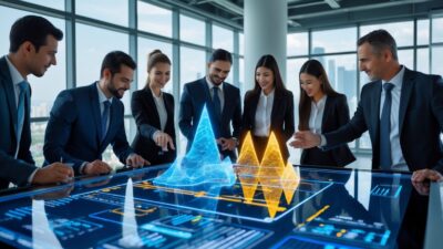 A group of business professionals collaborating around a digital table displaying mining data and charts in a modern office with a city view.
