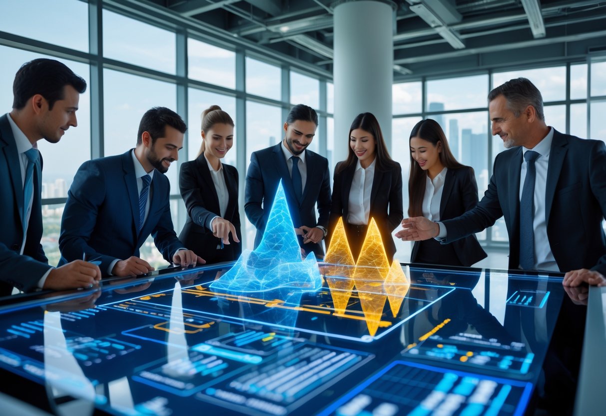 A group of business professionals collaborating around a digital table displaying mining data and charts in a modern office with a city view.