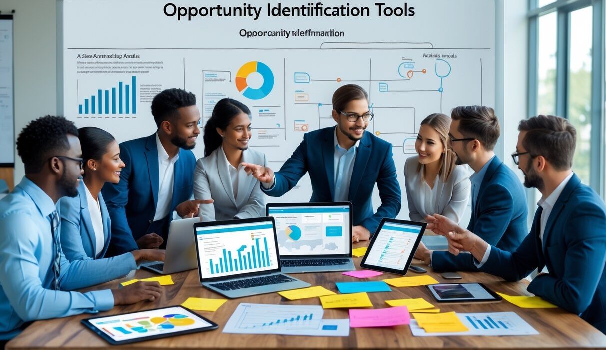 A group of business professionals collaborating around a table with laptops, charts, sticky notes, and a whiteboard displaying diagrams in an office setting.