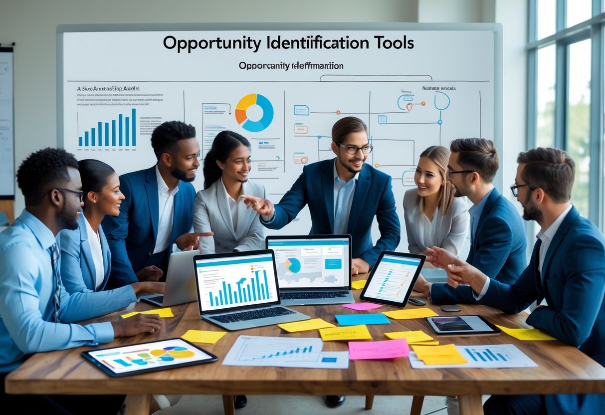 A group of business professionals collaborating around a table with laptops, charts, sticky notes, and a whiteboard displaying diagrams in an office setting.