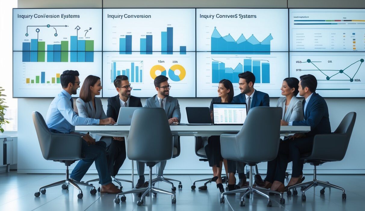 A diverse team of business professionals collaborating around a conference table with laptops and large screens displaying data charts and diagrams in a modern office.