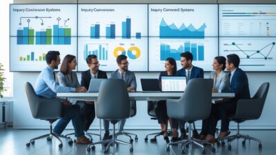 A diverse team of business professionals collaborating around a conference table with laptops and large screens displaying data charts and diagrams in a modern office.