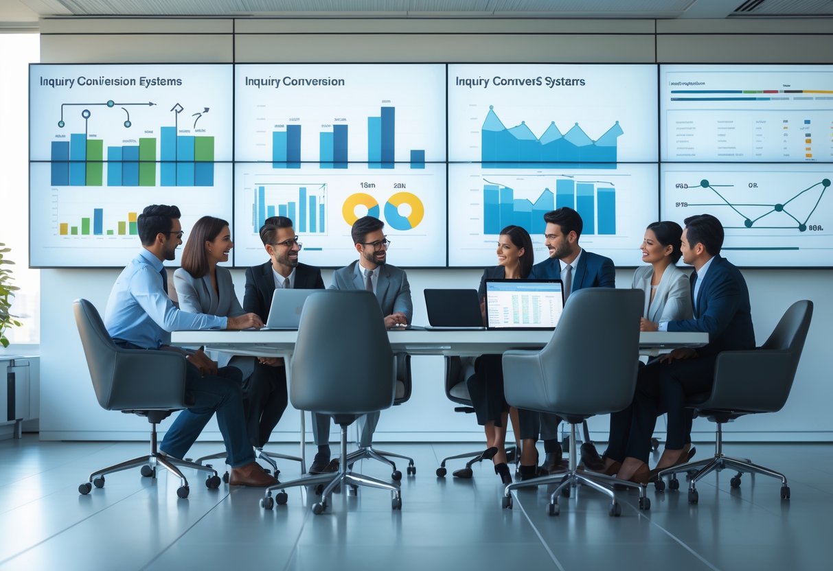 A diverse team of business professionals collaborating around a conference table with laptops and large screens displaying data charts and diagrams in a modern office.