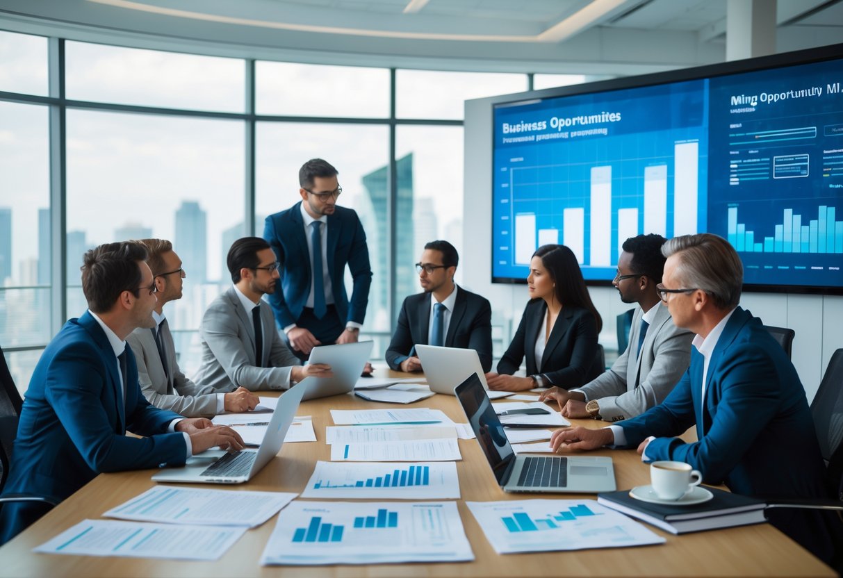 Business professionals discussing documents and data in a modern office conference room.