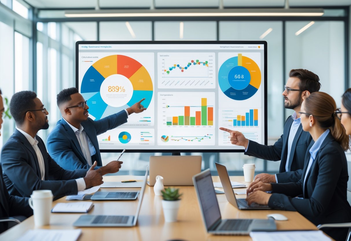 A group of business professionals analyzing charts and data on a large digital screen in a modern conference room.