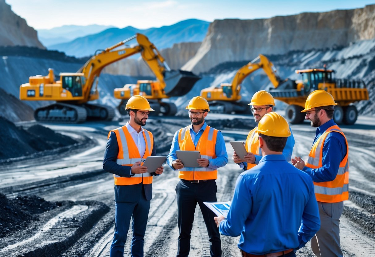 Business professionals in safety gear discussing at an active mining site with heavy machinery and rugged terrain in the background.