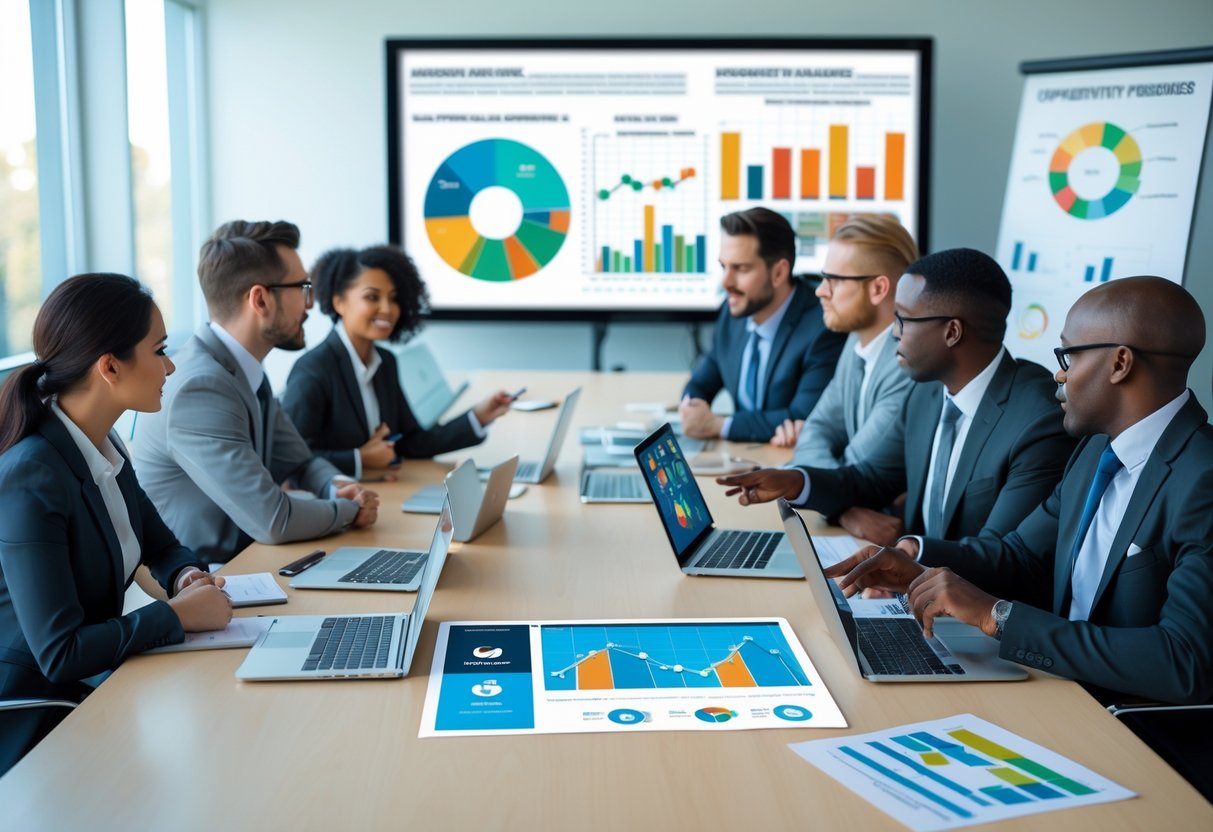 A group of business professionals in a meeting room reviewing charts and digital devices to analyze market opportunities and competition.