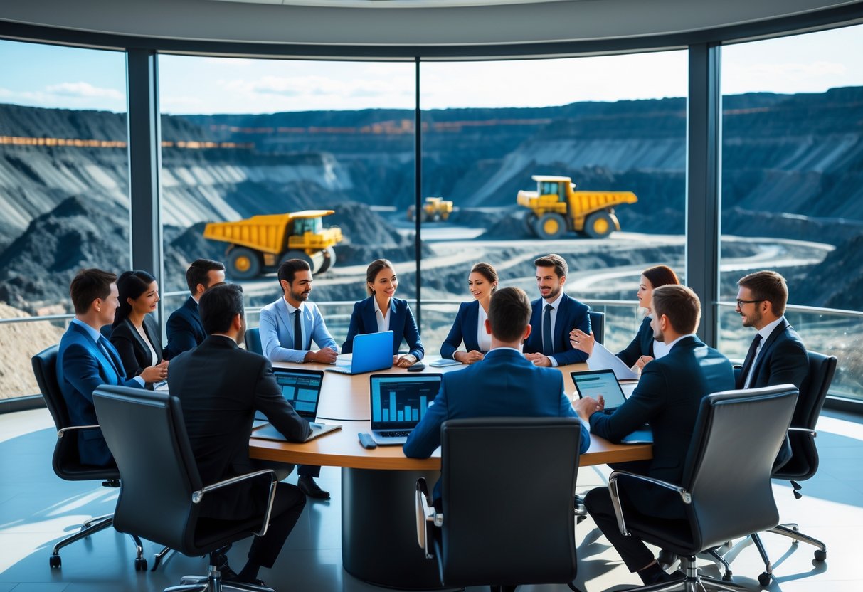 Business professionals in a meeting with laptops and charts, overlooking an open-pit mine with heavy machinery working.