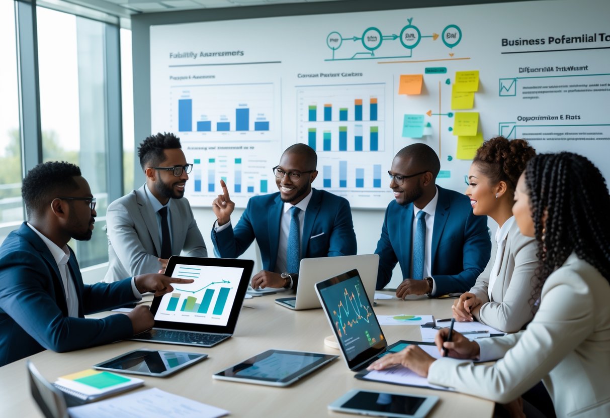 A group of business professionals collaborating around a table with laptops, charts, and documents in a bright conference room.