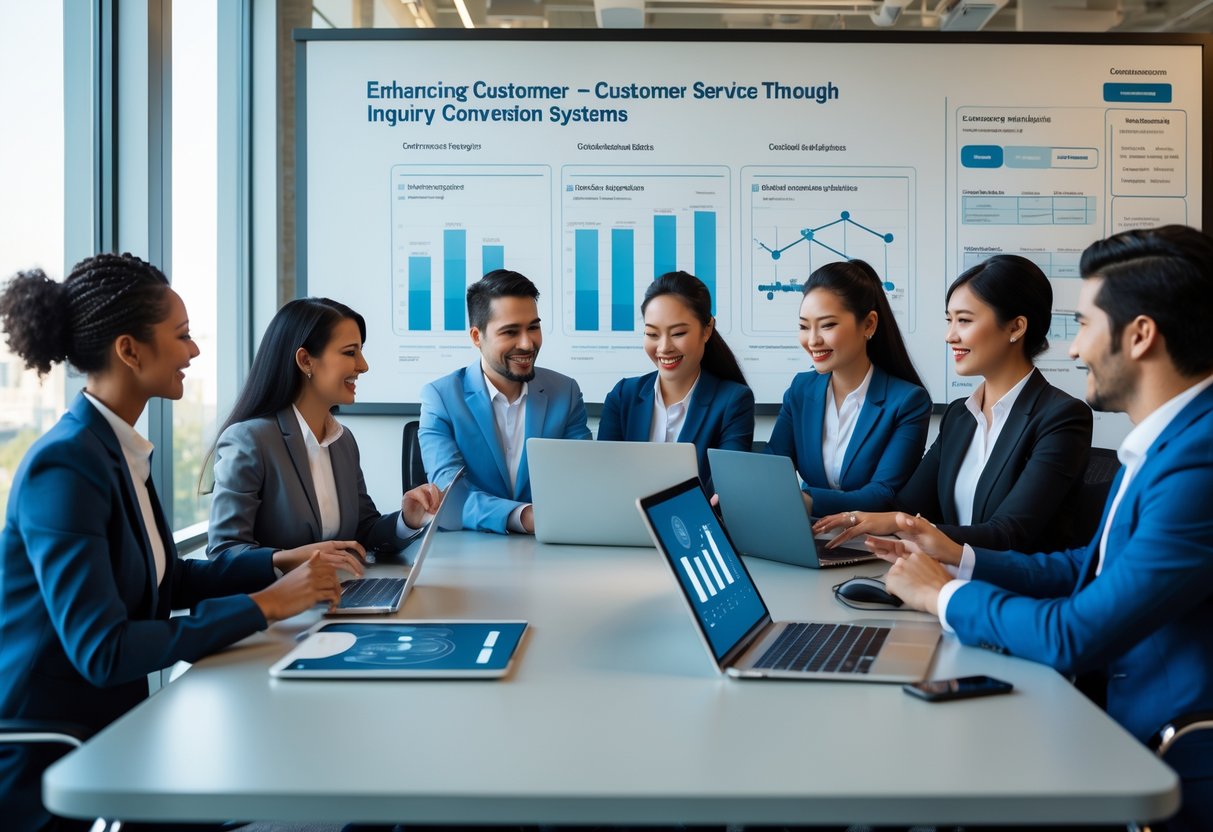 A diverse team of customer service representatives collaborating around a conference table with laptops and digital dashboards displaying data, in a bright modern office.