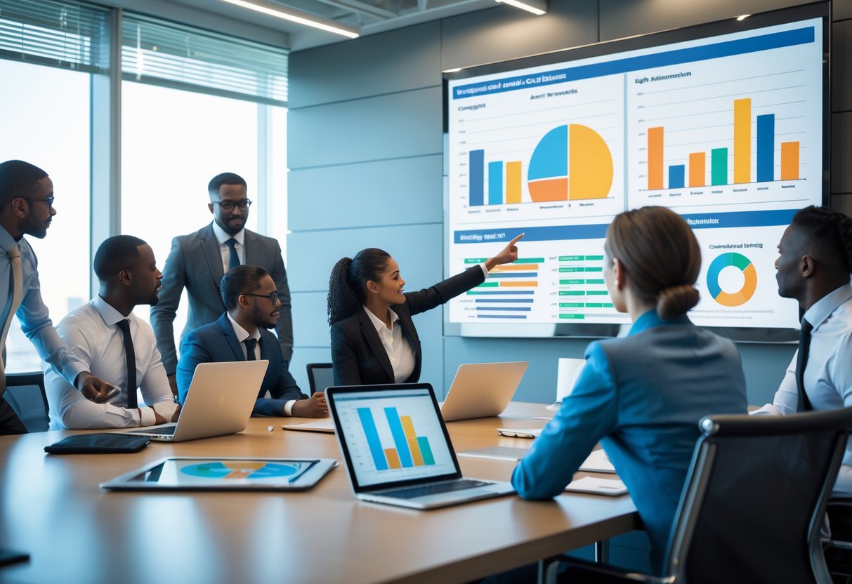 A group of business professionals in a meeting room analyzing charts and graphs on a large screen and laptops.