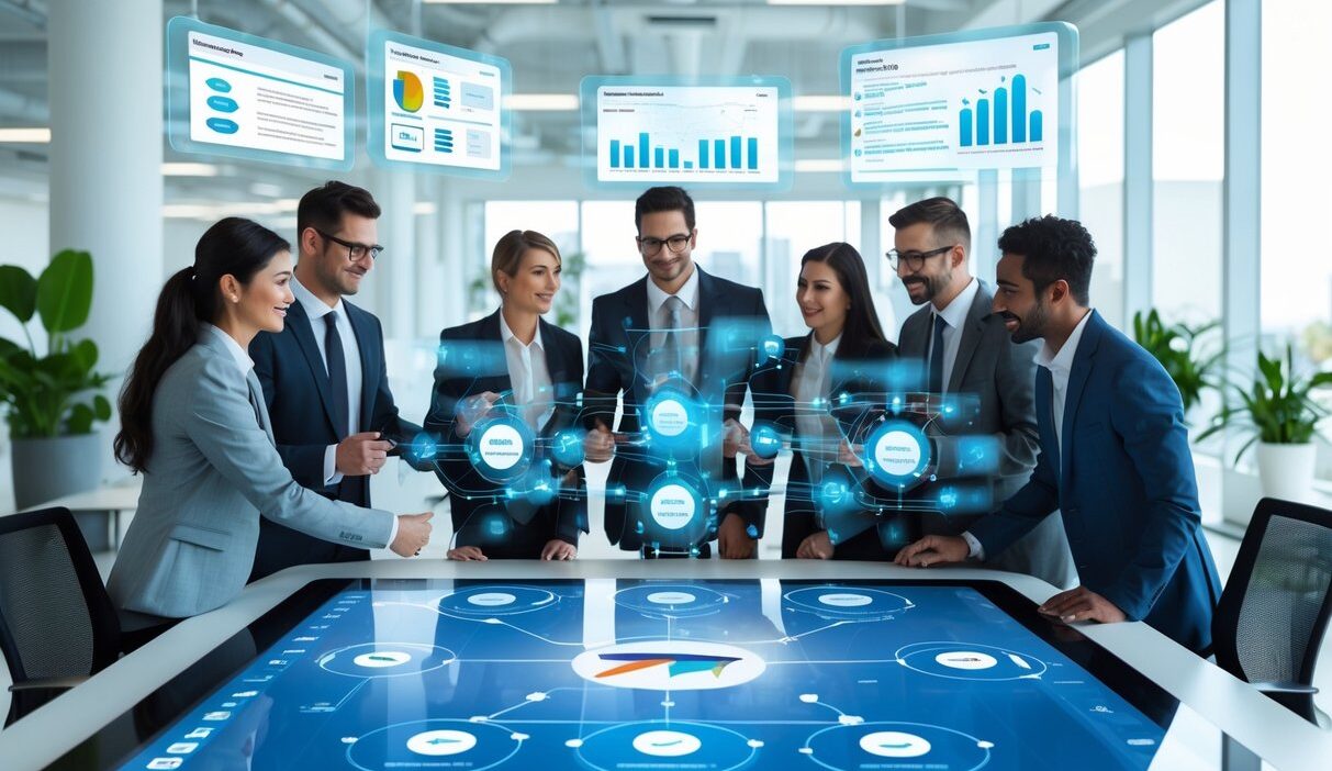 Business professionals working together around a digital touchscreen table displaying automated contact data and charts in a modern office.