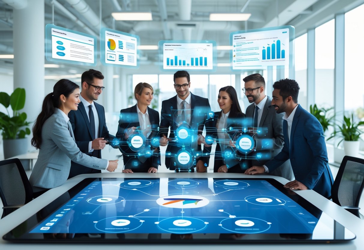 Business professionals working together around a digital touchscreen table displaying automated contact data and charts in a modern office.