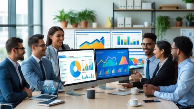 A group of business professionals working together in an office with computer screens showing data dashboards and charts.