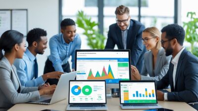 Business professionals working together in an office using laptops and tablets displaying sales and customer data dashboards.