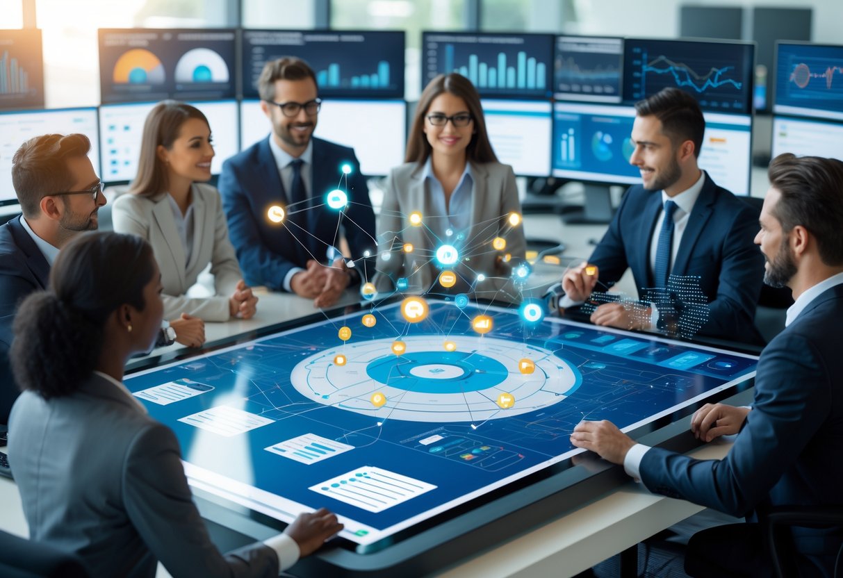 Business professionals collaborating around a digital touchscreen table displaying supplier networks and data in a modern office.