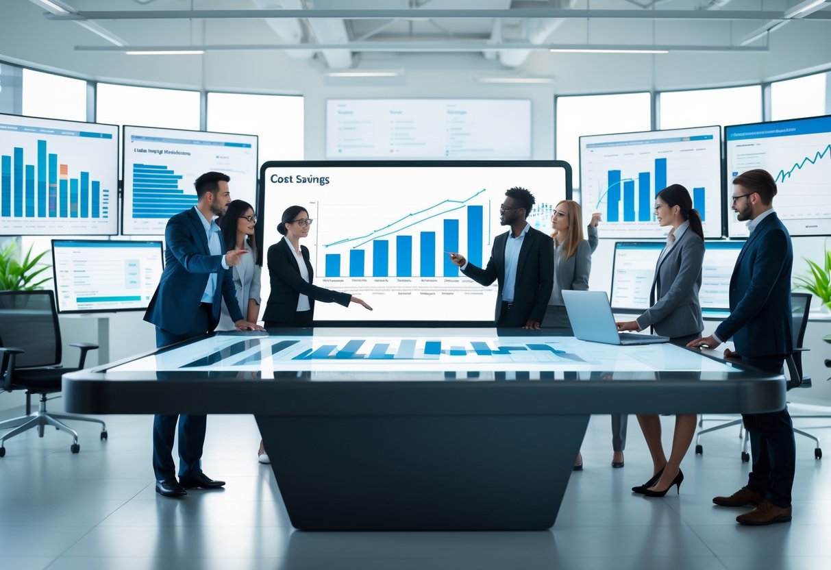 A group of business professionals working together around a digital table with charts and data, focusing on procurement and cost savings.