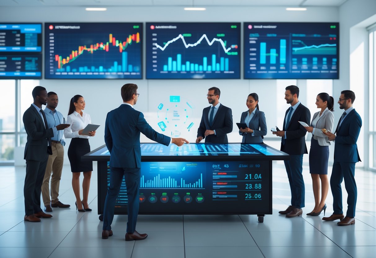 A group of business professionals collaborating around a digital touchscreen table displaying market data and charts in a modern office.