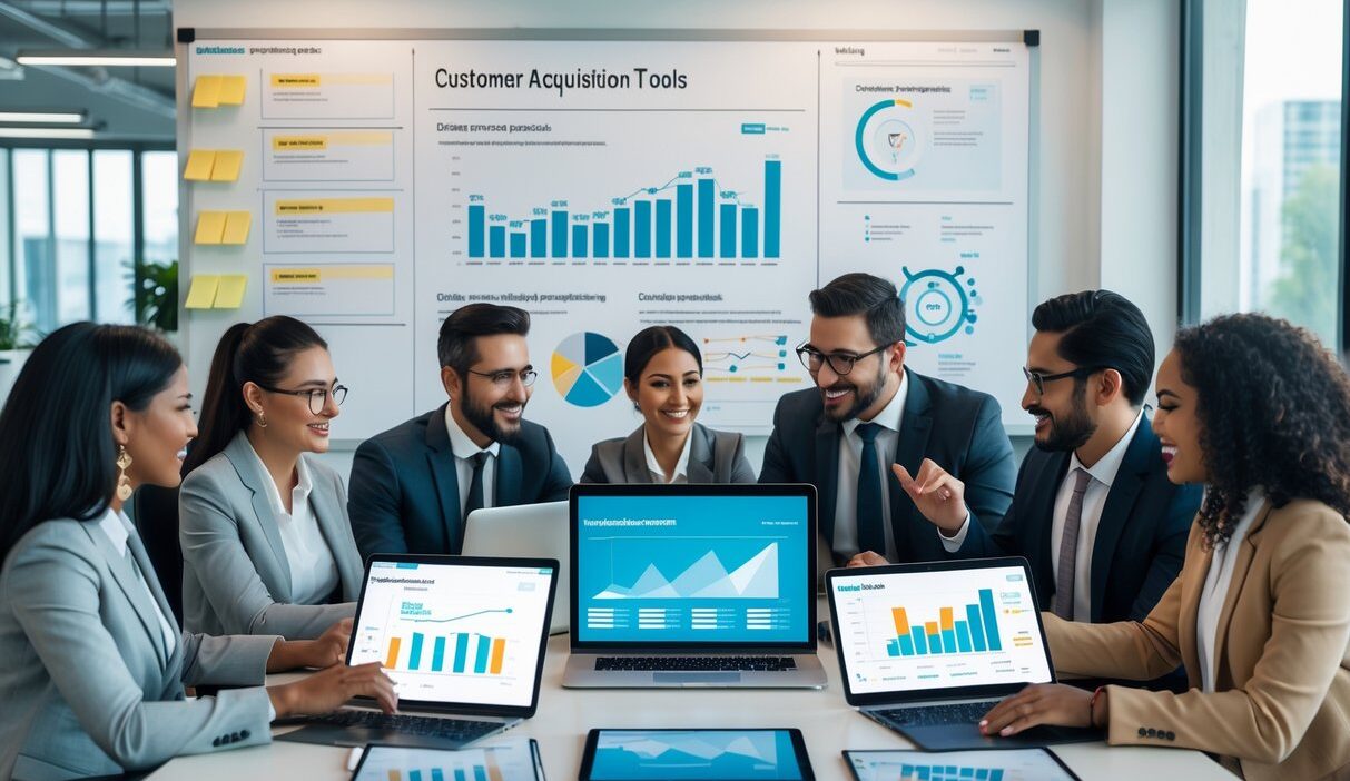 A group of business professionals working together around a table with laptops and devices showing marketing and customer data in a bright office.