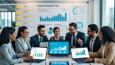 A group of business professionals working together around a table with laptops and devices showing marketing and customer data in a bright office.