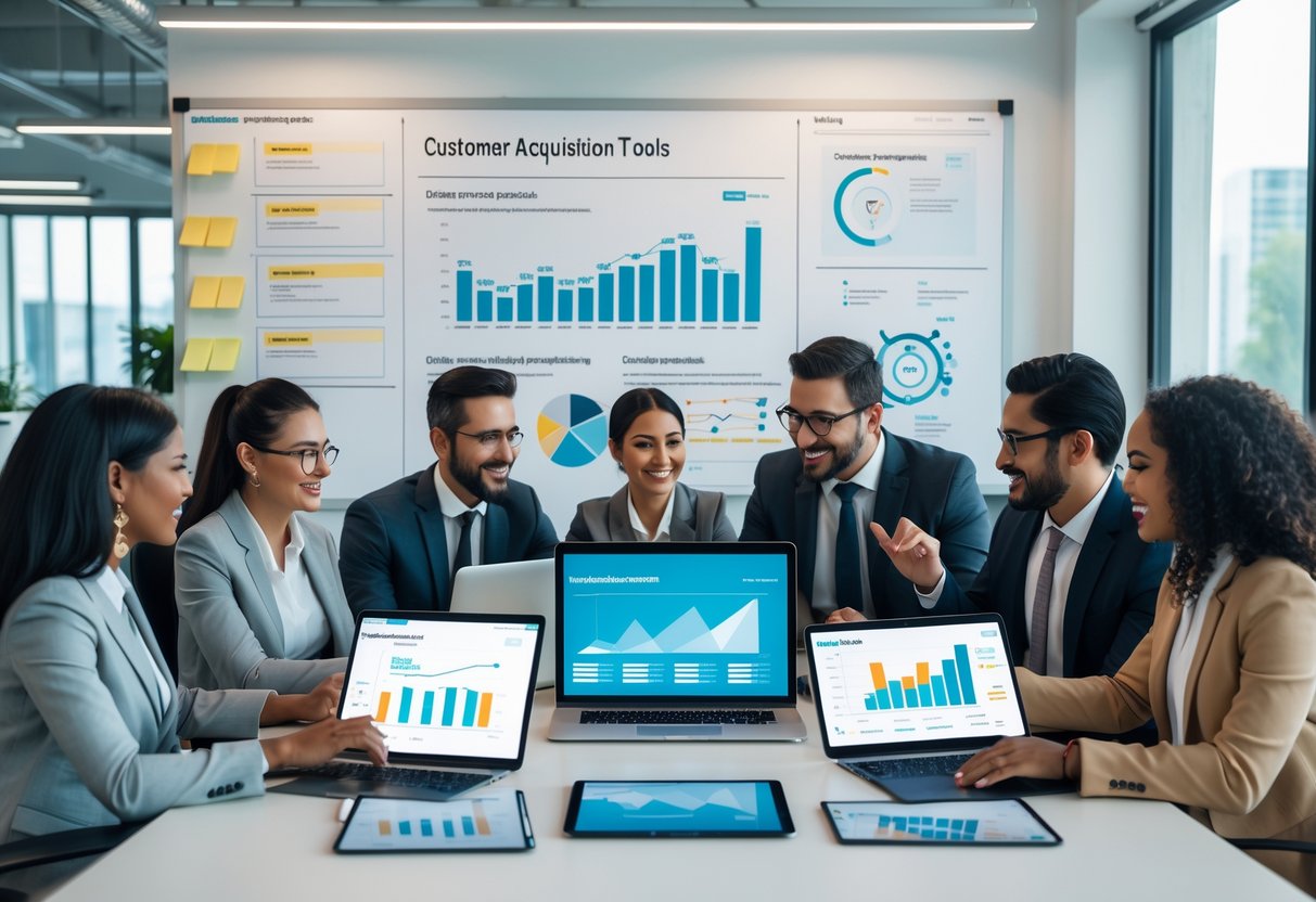 A group of business professionals working together around a table with laptops and devices showing marketing and customer data in a bright office.