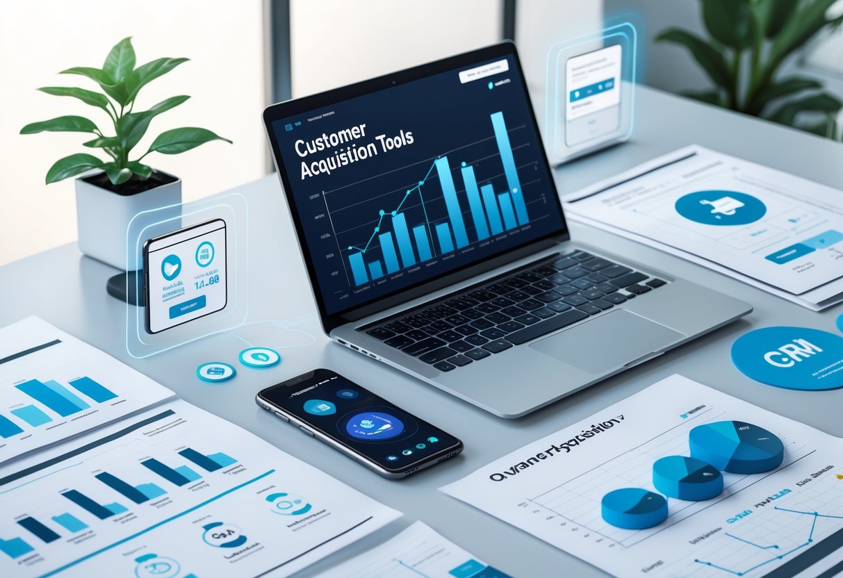 A modern workspace with a laptop, smartphone, and printed charts representing customer acquisition tools.