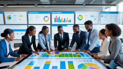 A group of business professionals collaborating around a digital touchscreen table displaying sales data and charts in a bright modern office.