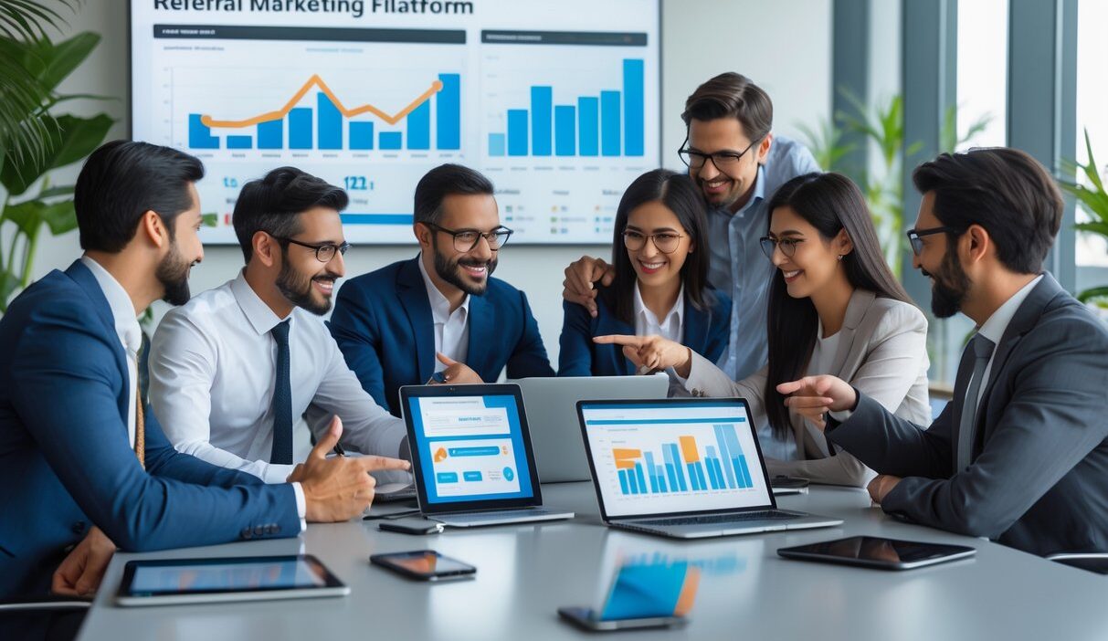 A group of business professionals collaborating around a table with digital devices showing marketing data in a bright office.