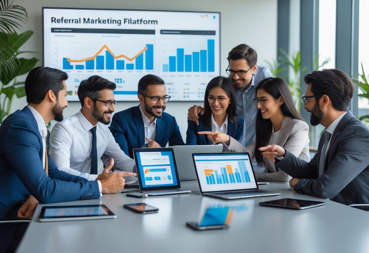 A group of business professionals collaborating around a table with digital devices showing marketing data in a bright office.