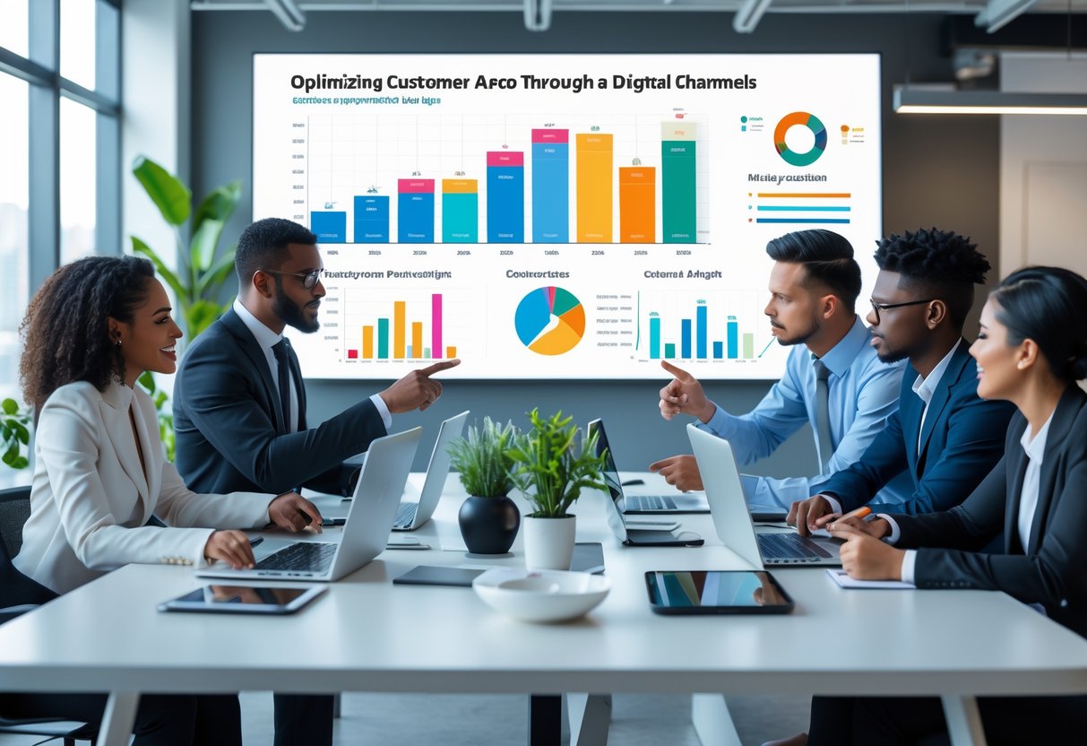 A diverse team of professionals collaborating in a modern office with digital devices showing customer acquisition data and charts on a large screen.